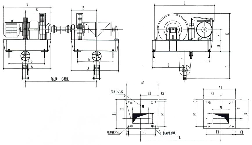 QPK2×50KN-QPK2×250KN系列卷扬式双吊点启闭机外形及基础布置示意图