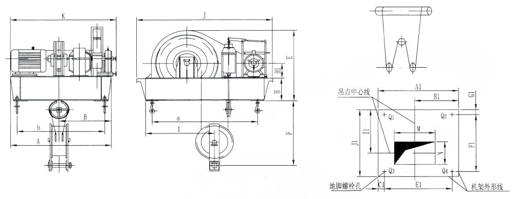 QP1×50KN-QP1×250KN系列卷扬式单吊点启闭机外形及基础布置示意图