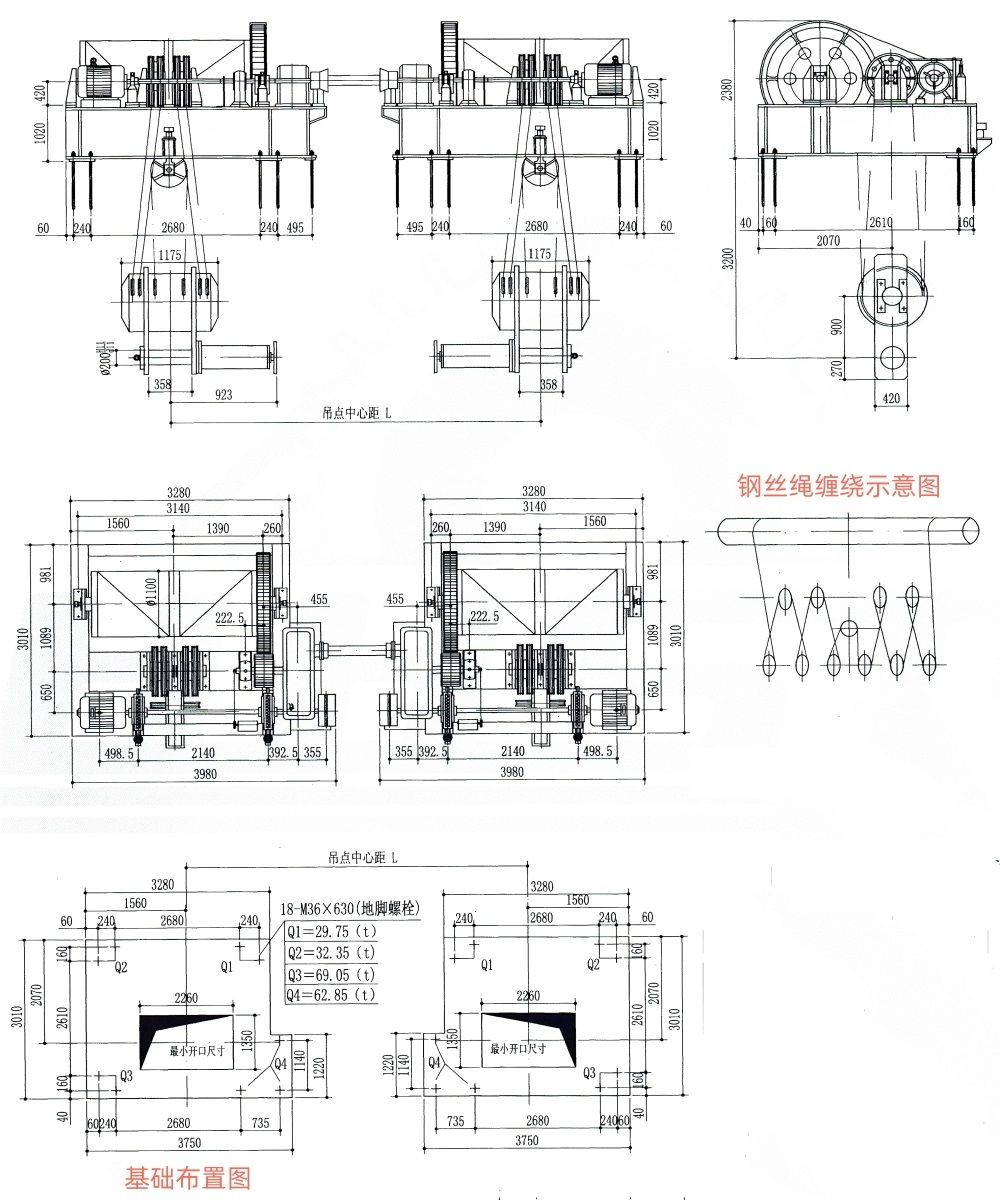 QPK2×1600KN快速卷扬式双吊点启闭机基础布置主要尺寸表