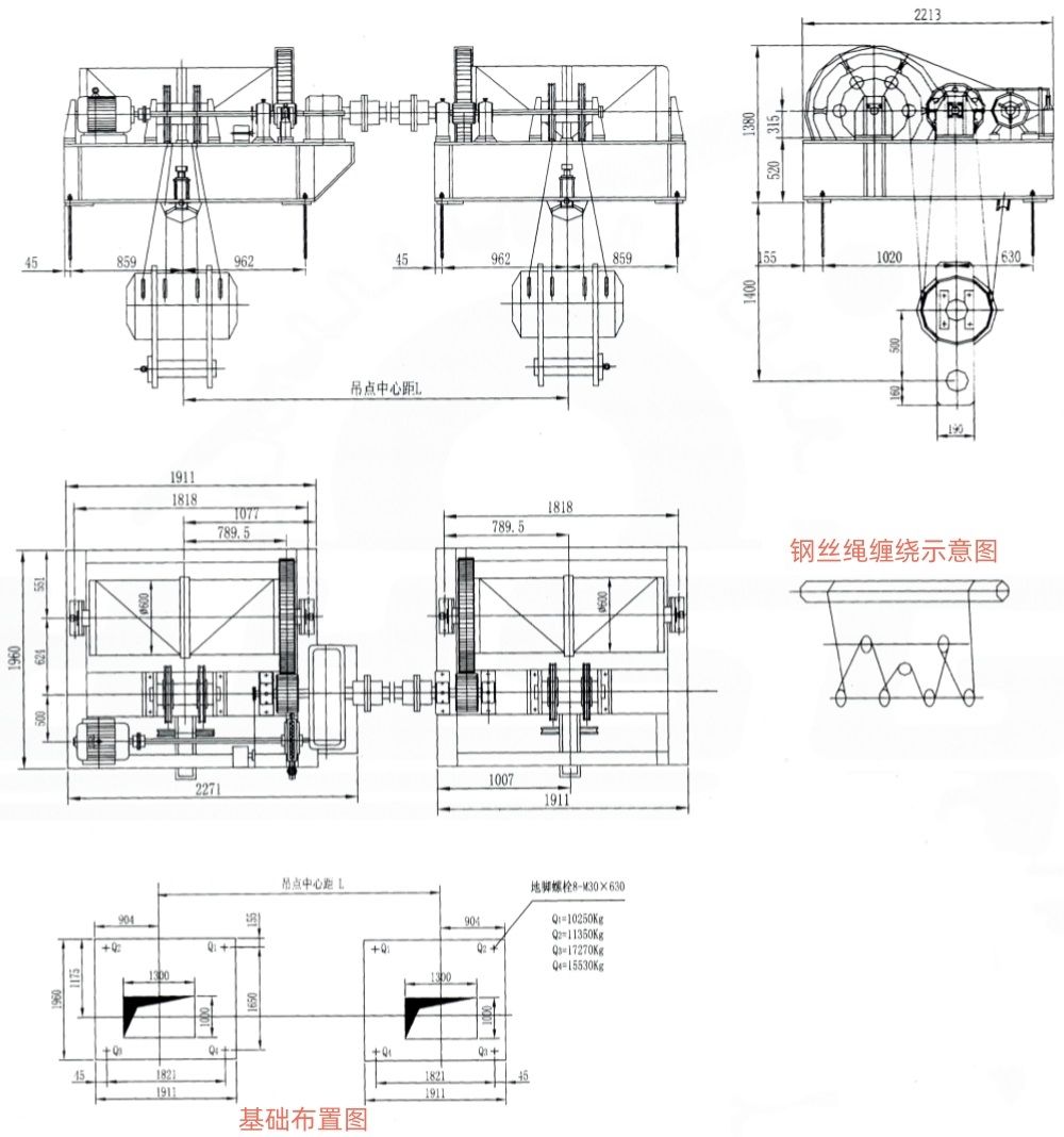 QP2×400KN系列卷扬式双吊点启闭机外形及基础布置示意图