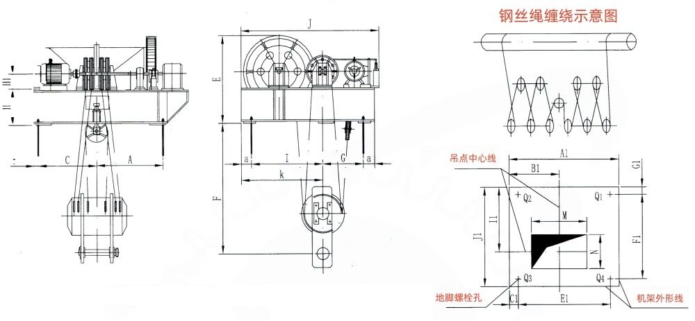 QP1×630KN-QP1×1250KN系列卷扬式单吊点启闭机外形及基础布置示意图